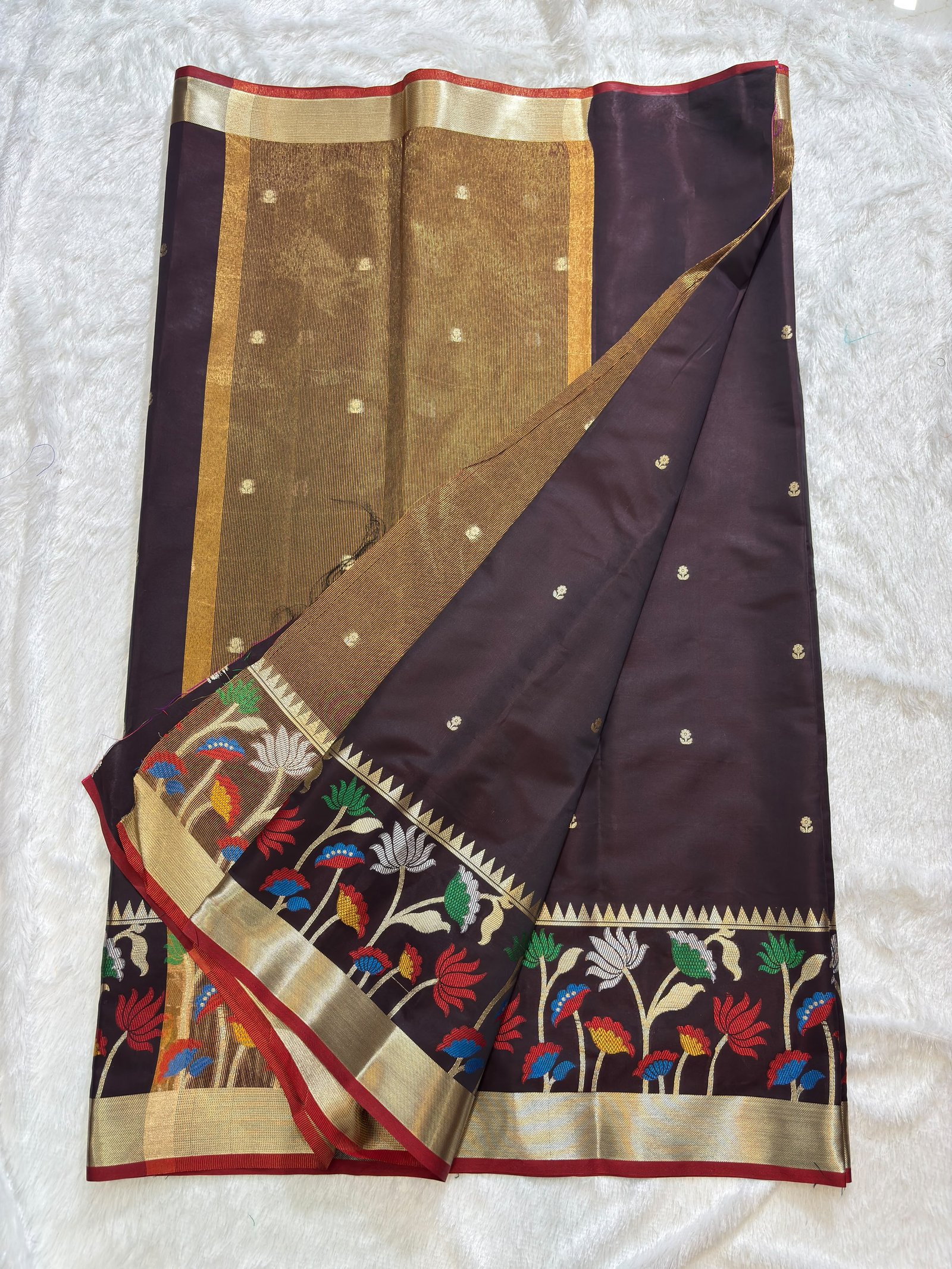 Dark Wine Banarasi Cotlon Taffeta Silk Saree with Meena Skirt Border