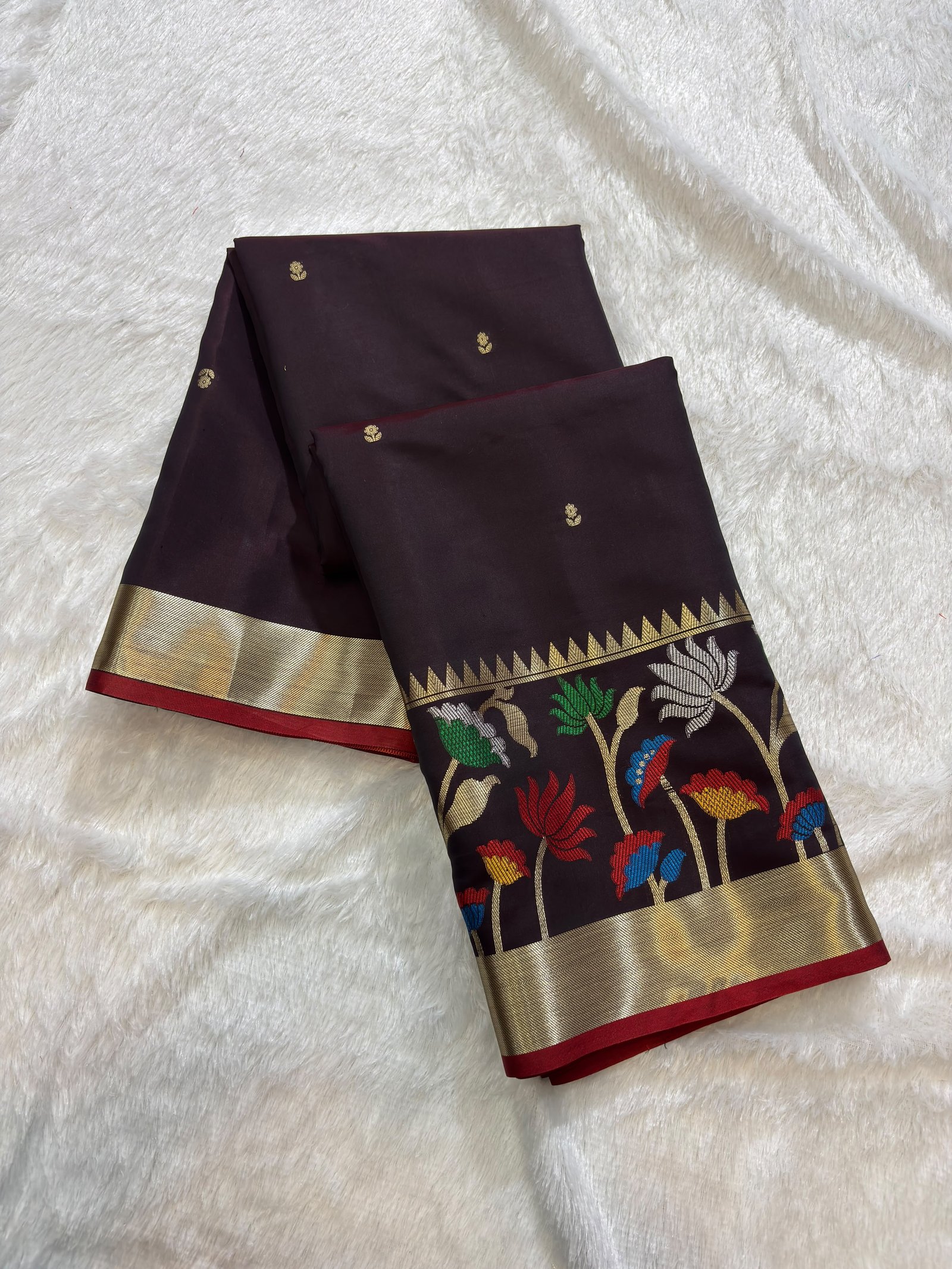Dark Wine Banarasi Cotlon Taffeta Silk Saree with Meena Skirt Border view 4