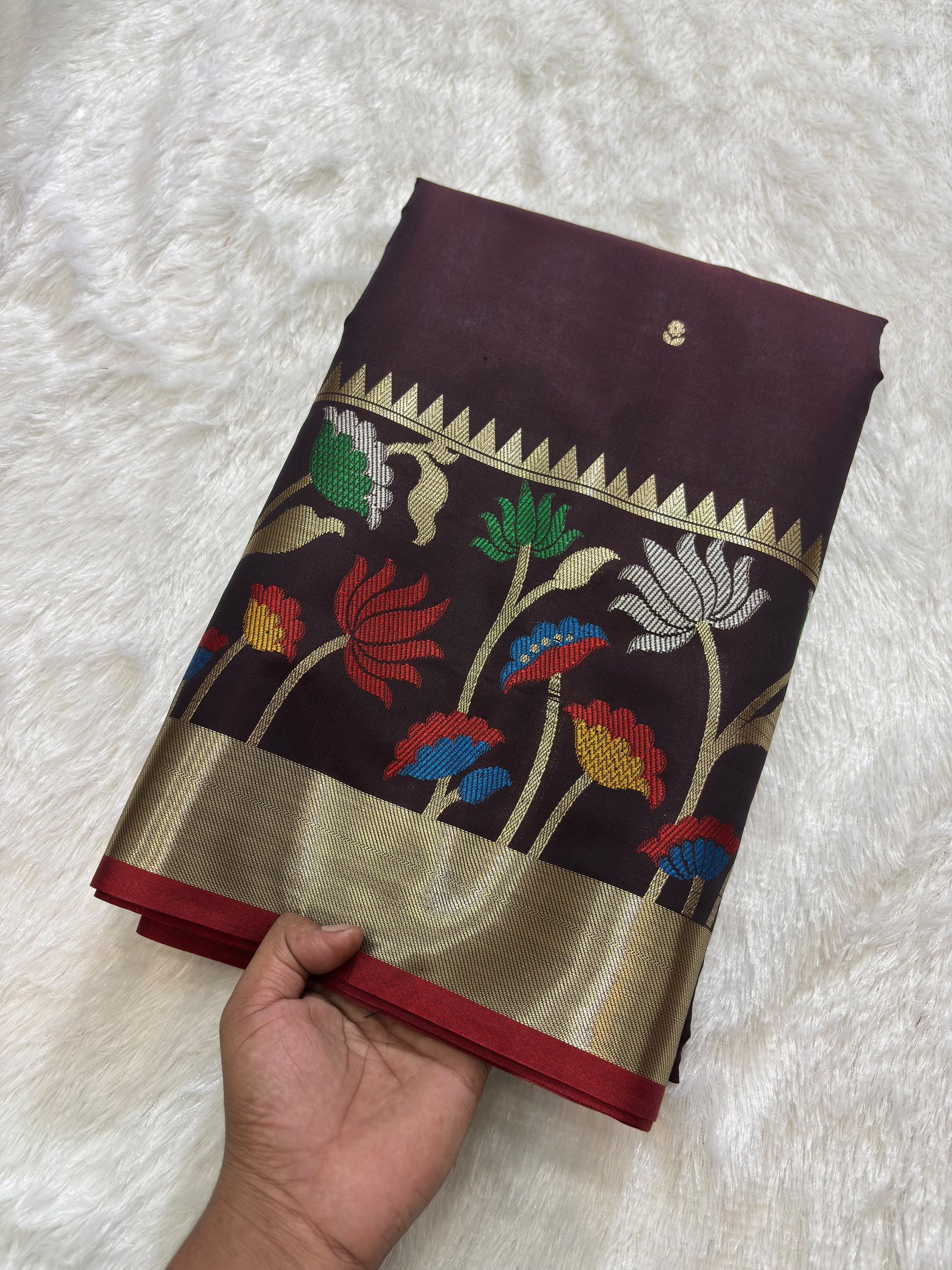 Dark Wine Banarasi Cotlon Taffeta Silk Saree with Meena Skirt Border view 5