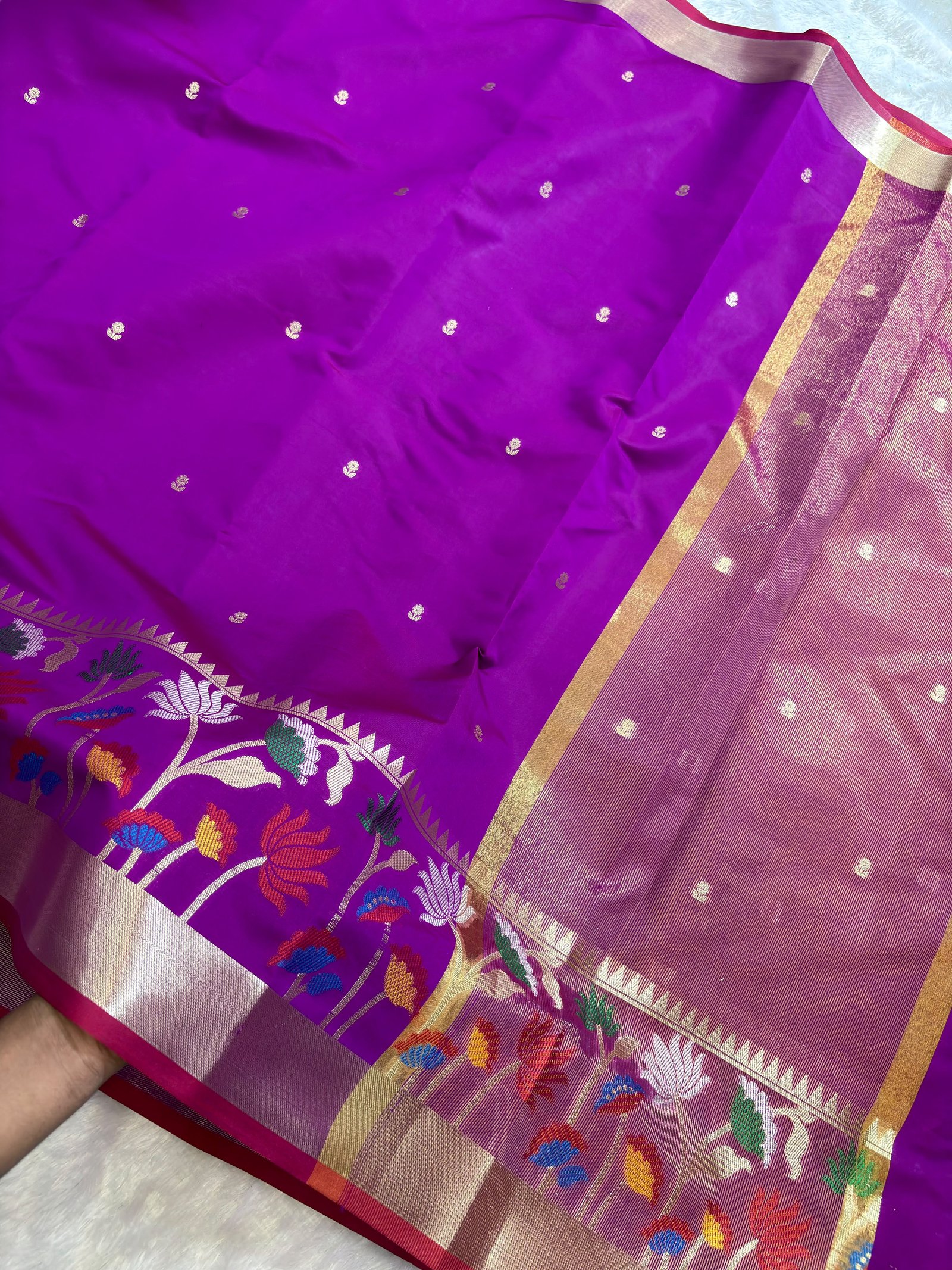 Magenta Pink Banarasi Cotlon Taffeta Silk Saree with Meena Skirt Border view 2