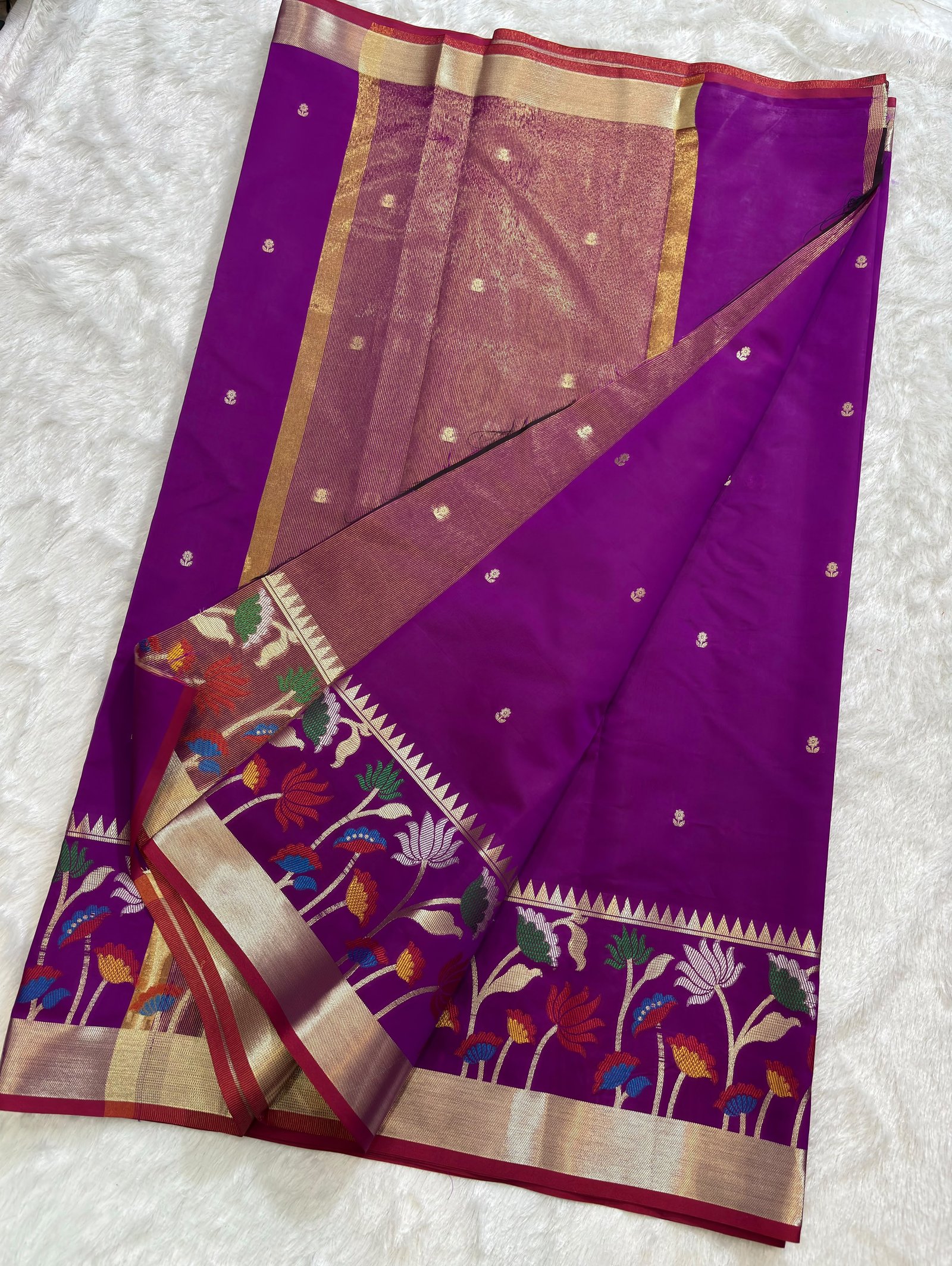 Magenta Pink Banarasi Cotlon Taffeta Silk Saree with Meena Skirt Border view 3
