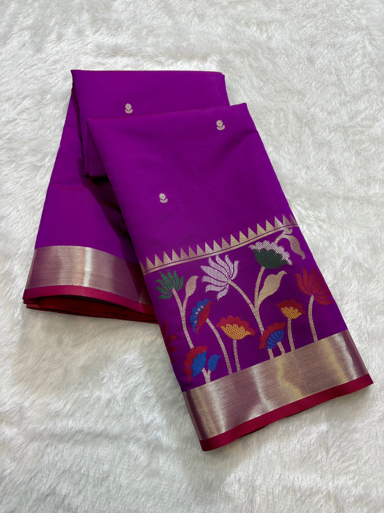 Magenta Pink Banarasi Cotlon Taffeta Silk Saree with Meena Skirt Border view 4