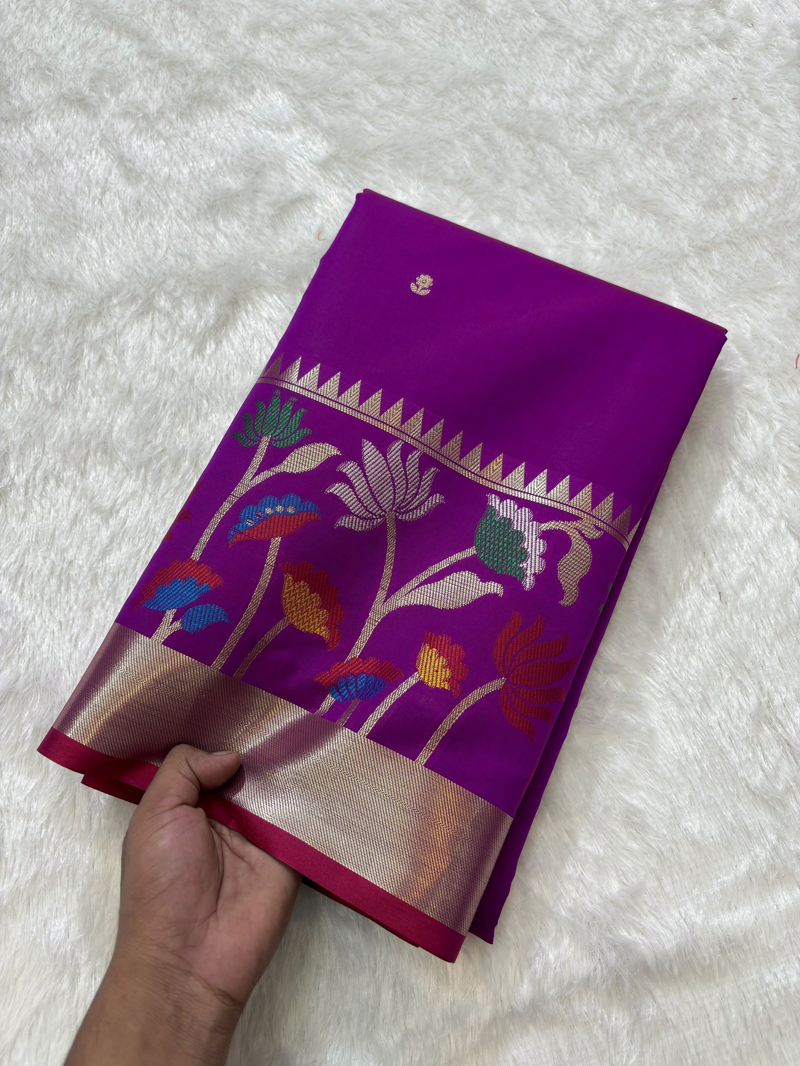 Magenta Pink Banarasi Cotlon Taffeta Silk Saree with Meena Skirt Border
